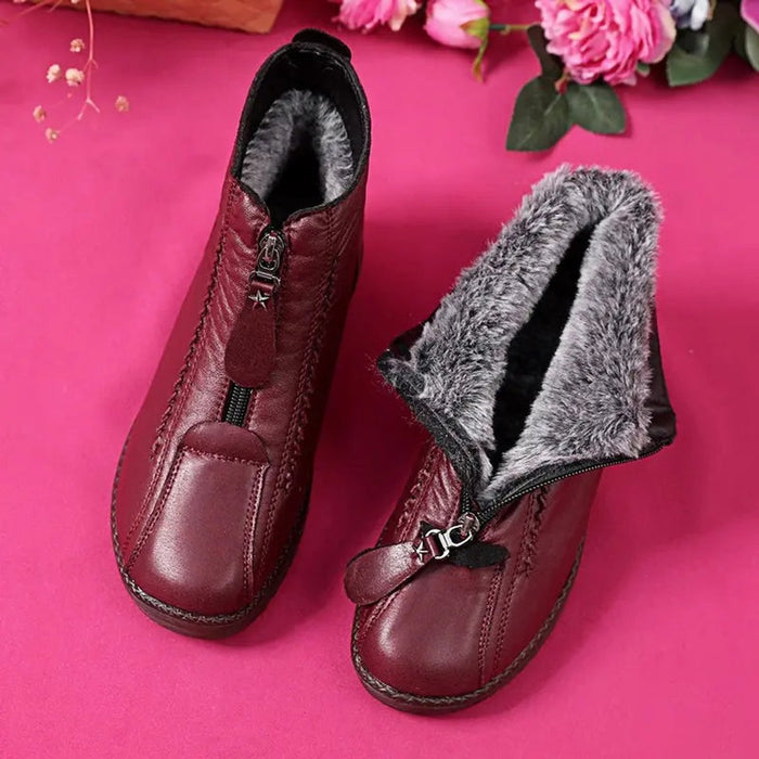 Celine | Womens Warm Fleece Lined Anti Slip Leather Zip Winter Ankle Boots