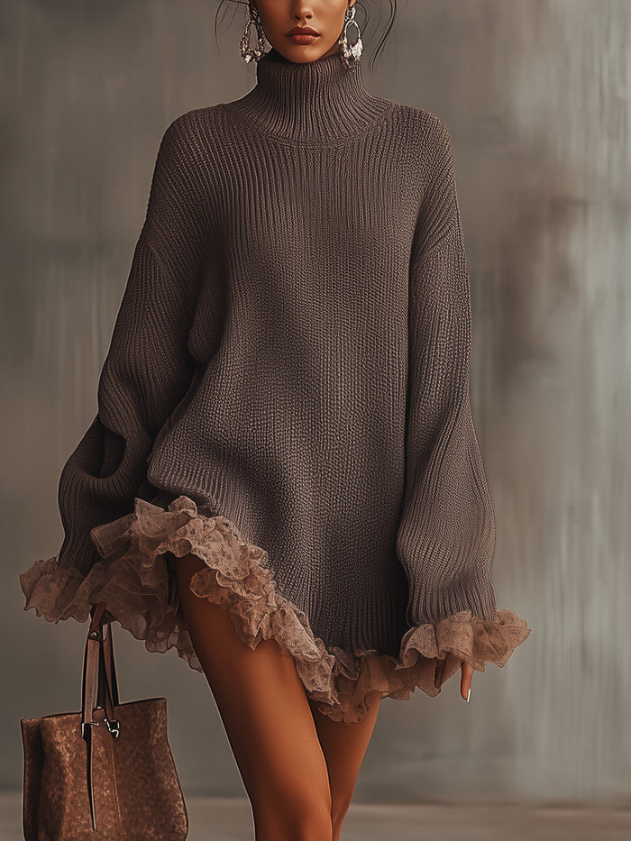 Samantha | Womens Chic Cozy Ribbed Mock Neck Fringe Hem Sweater Dress