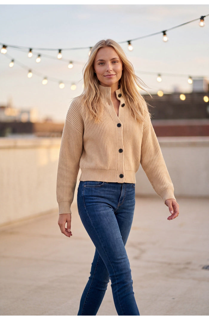 Paige | Womens Chic Ribbed Cropped High Neck Button Knit Cardigan Jacket
