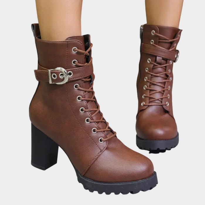 Kira | Womens Casual Durable Lace Up Block Heel Buckle Combat Ankle Boots